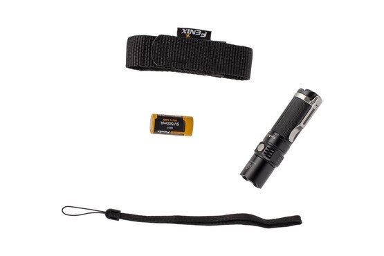 The Fenix PD25 LED light comes with a nylon sheath, rechargeable battery, and lanyard